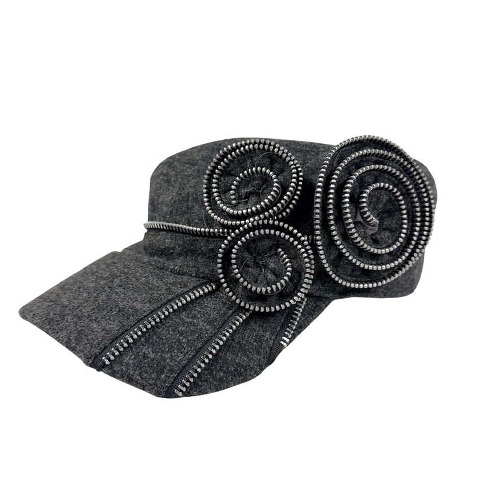 Angela William Cadet Cap Gray Zippered Rosettes Vintage Hat y2k